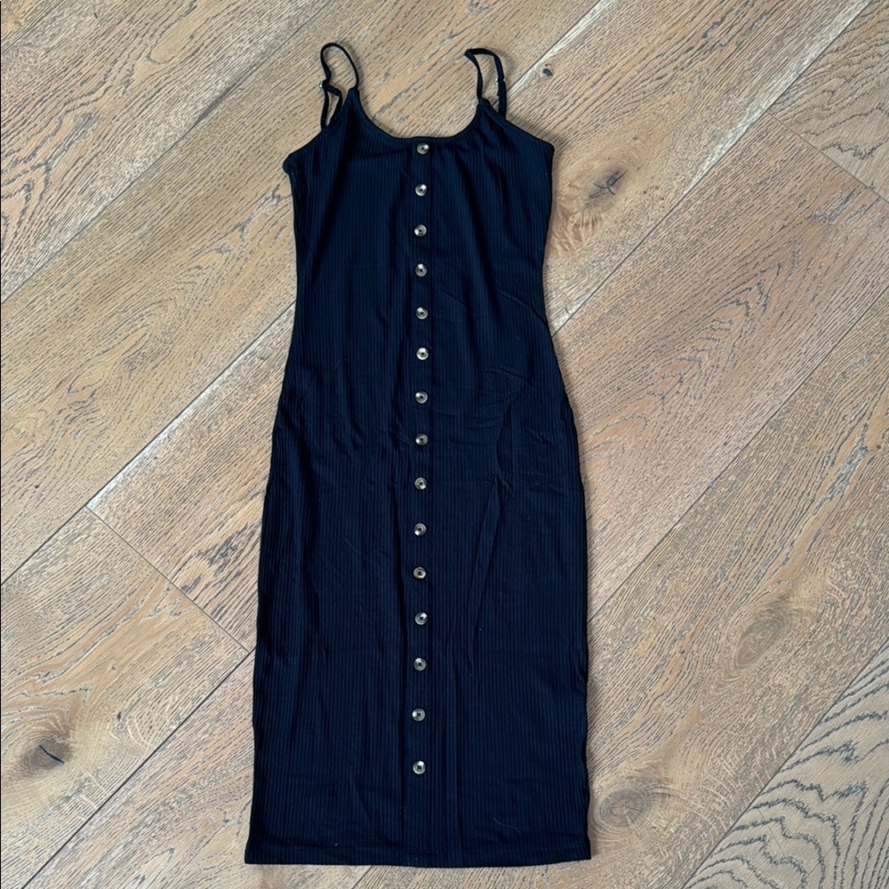 Mind Code Black Ribbed Button-Front Midi Dress